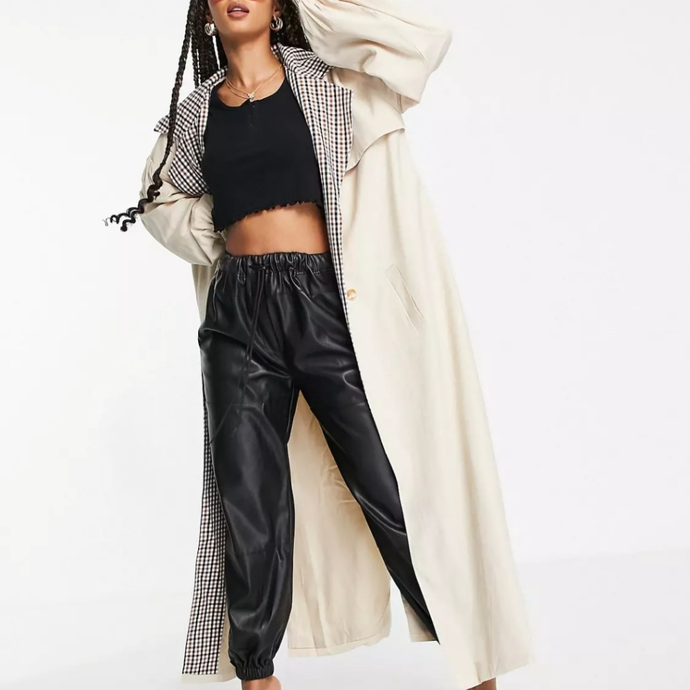 Missguided Checked Collar Ballon Sleeves Trench Coat in Tan BNWT